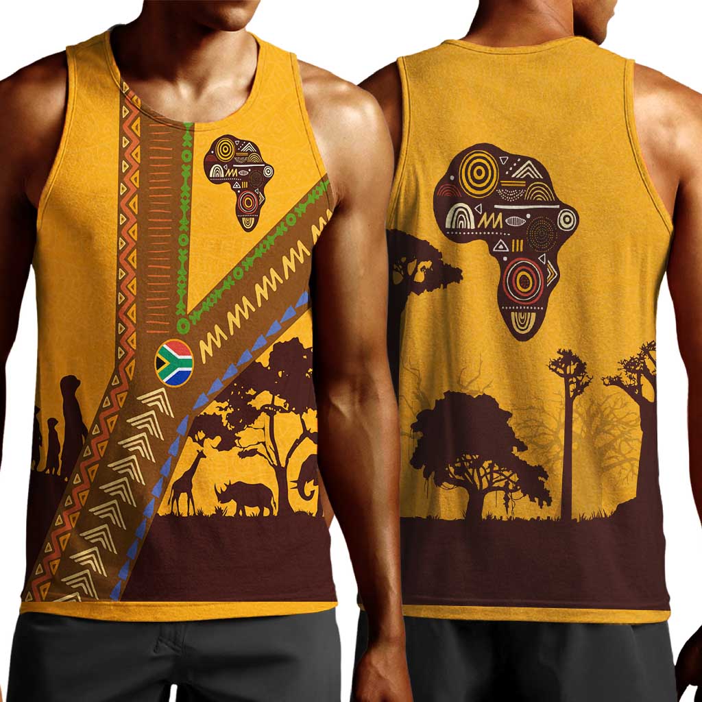 South Africa Flag Men Tank Top Tribal Africa Heritage - Wildlife Silhouettes in Earthy TS04