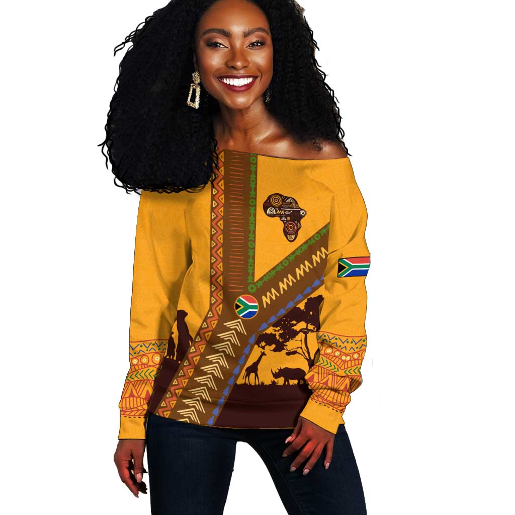South Africa Flag Off Shoulder Sweater Tribal Africa Heritage - Wildlife Silhouettes in Earthy TS04