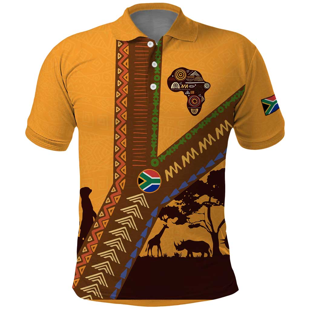 Tribal Africa Heritage with South Africa Flag Polo Shirt Wildlife Silhouettes in Earthy Yellow and Brown TS04