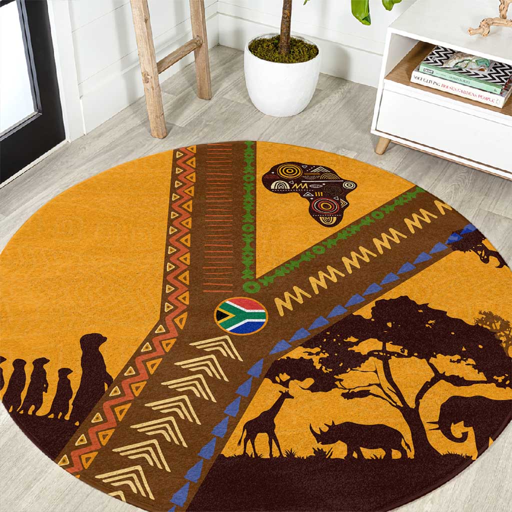 South Africa Flag Round Carpet Tribal Africa Heritage - Wildlife Silhouettes in Earthy TS04