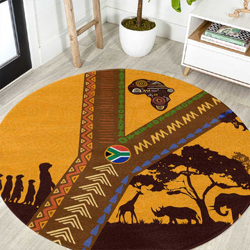 South Africa Flag Round Carpet Tribal Africa Heritage - Wildlife Silhouettes in Earthy TS04