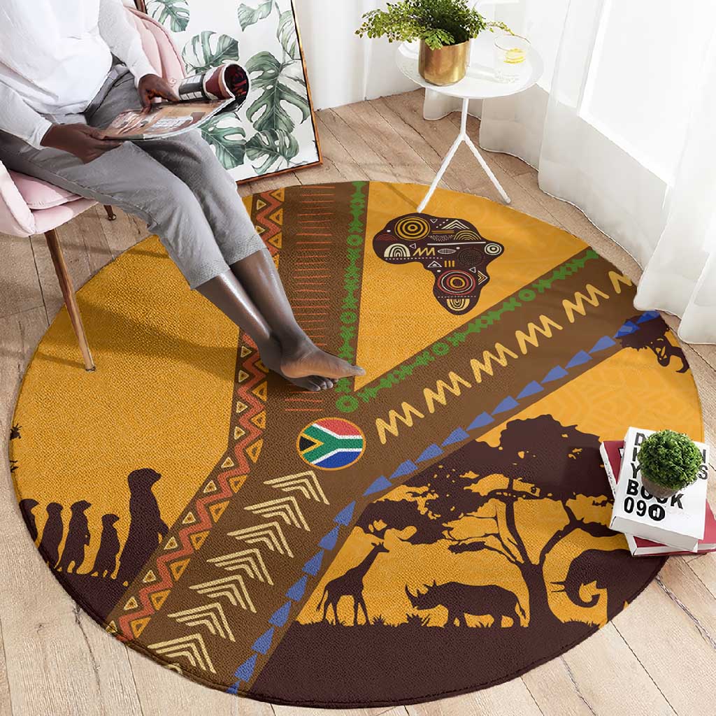 South Africa Flag Round Carpet Tribal Africa Heritage - Wildlife Silhouettes in Earthy TS04