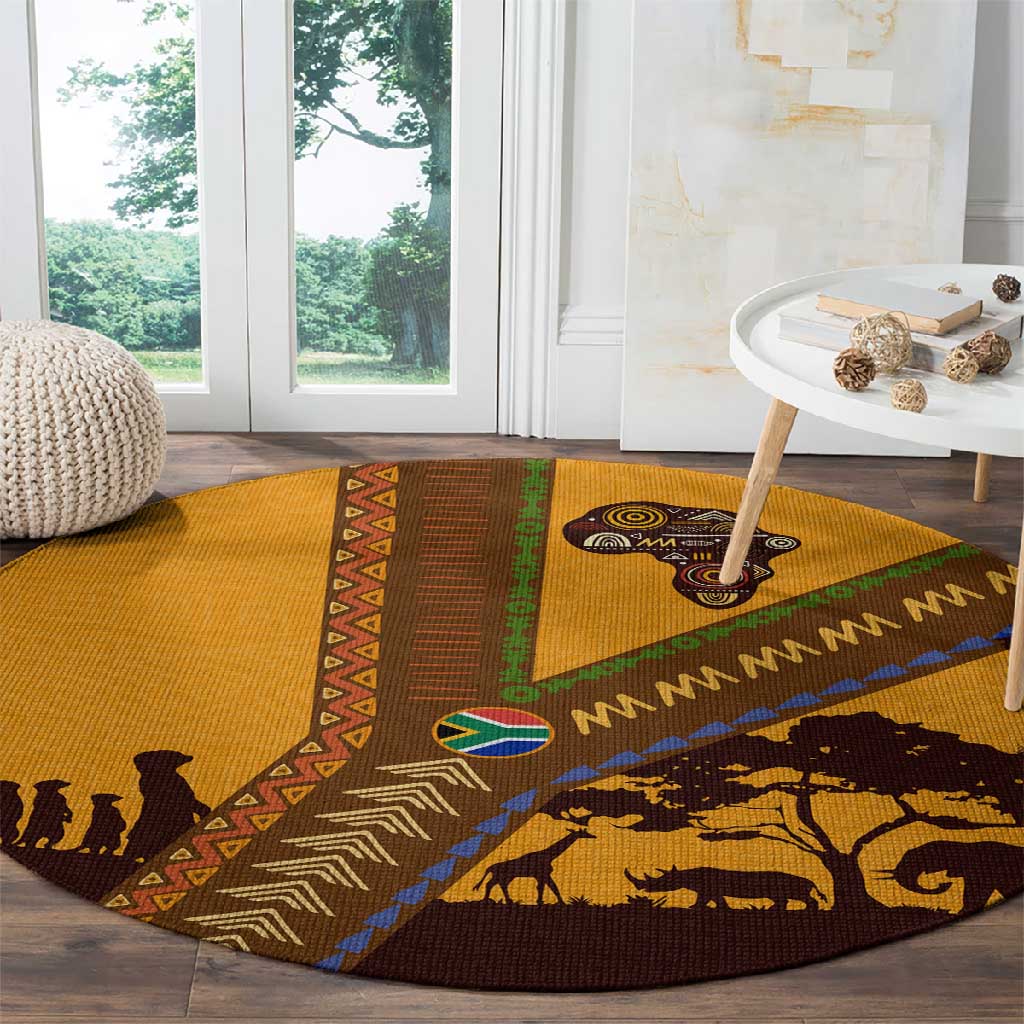 South Africa Flag Round Carpet Tribal Africa Heritage - Wildlife Silhouettes in Earthy TS04