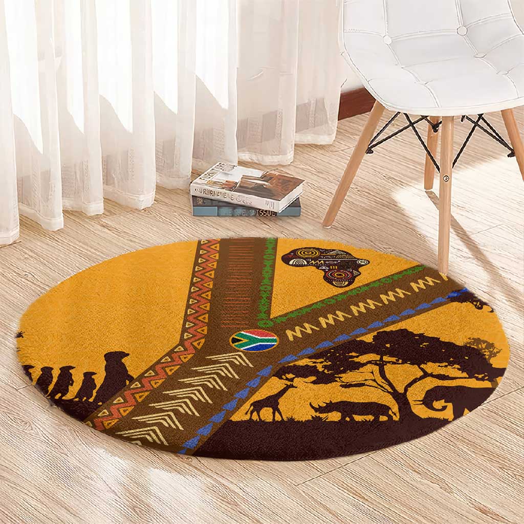 South Africa Flag Round Carpet Tribal Africa Heritage - Wildlife Silhouettes in Earthy TS04