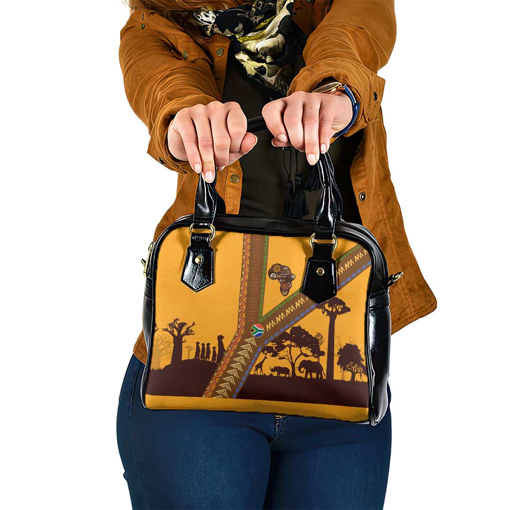 Tribal Africa Heritage with South Africa Flag Shoulder Handbag Wildlife Silhouettes in Earthy Yellow and Brown TS04