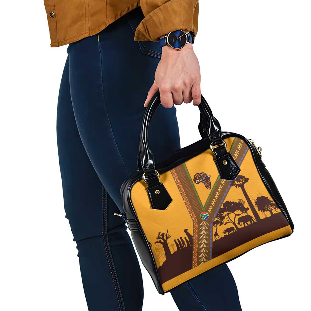 Tribal Africa Heritage with South Africa Flag Shoulder Handbag Wildlife Silhouettes in Earthy Yellow and Brown TS04