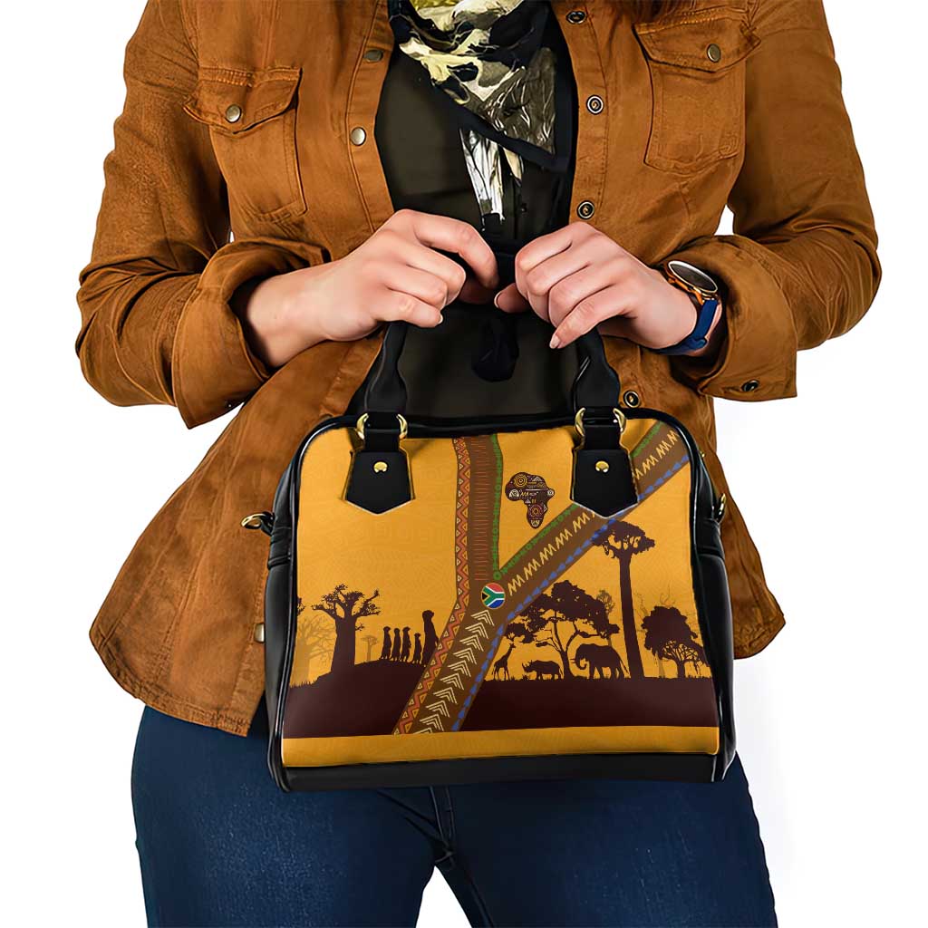 Tribal Africa Heritage with South Africa Flag Shoulder Handbag Wildlife Silhouettes in Earthy Yellow and Brown TS04