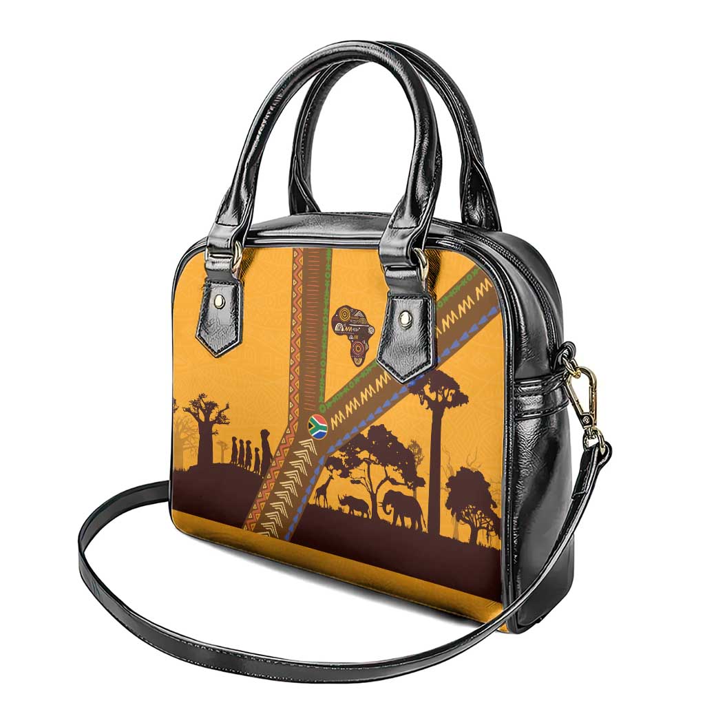 Tribal Africa Heritage with South Africa Flag Shoulder Handbag Wildlife Silhouettes in Earthy Yellow and Brown TS04