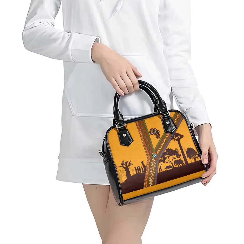 Tribal Africa Heritage with South Africa Flag Shoulder Handbag Wildlife Silhouettes in Earthy Yellow and Brown TS04