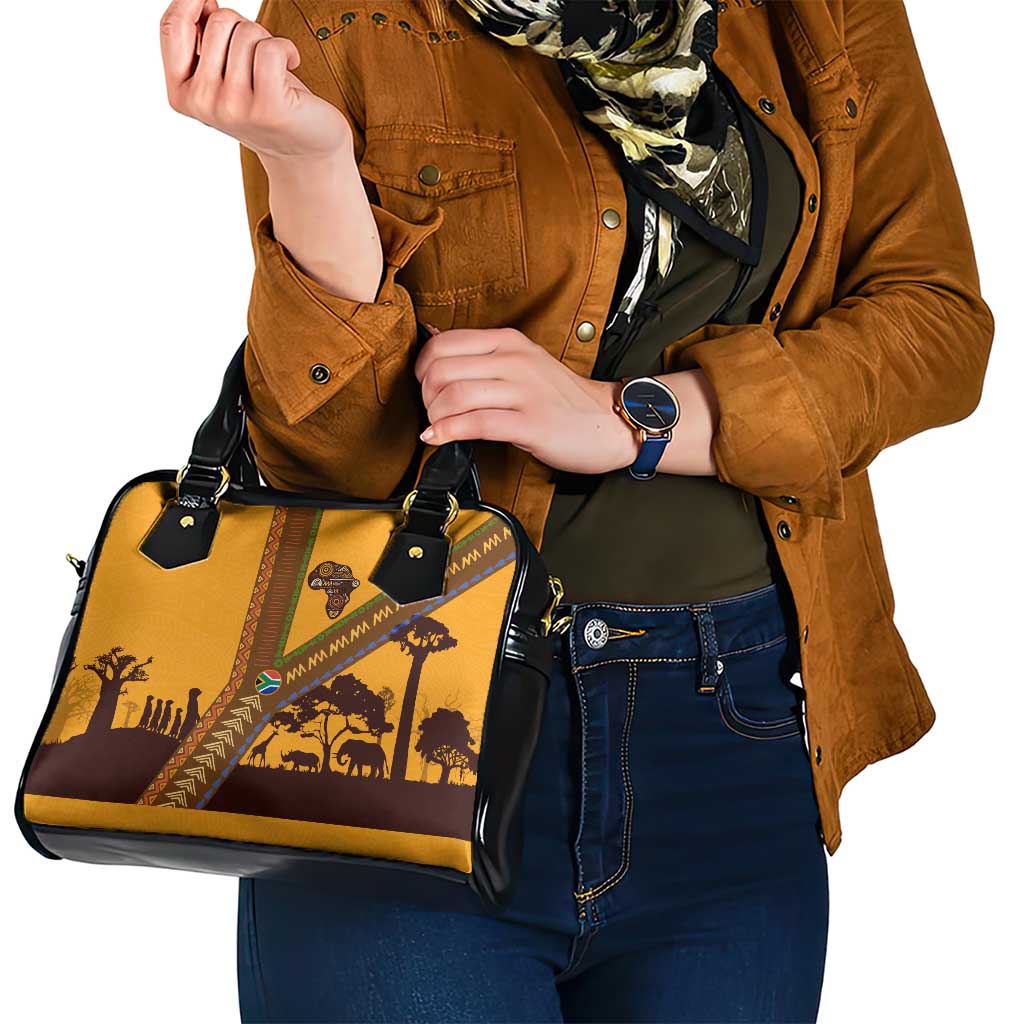 Tribal Africa Heritage with South Africa Flag Shoulder Handbag Wildlife Silhouettes in Earthy Yellow and Brown TS04