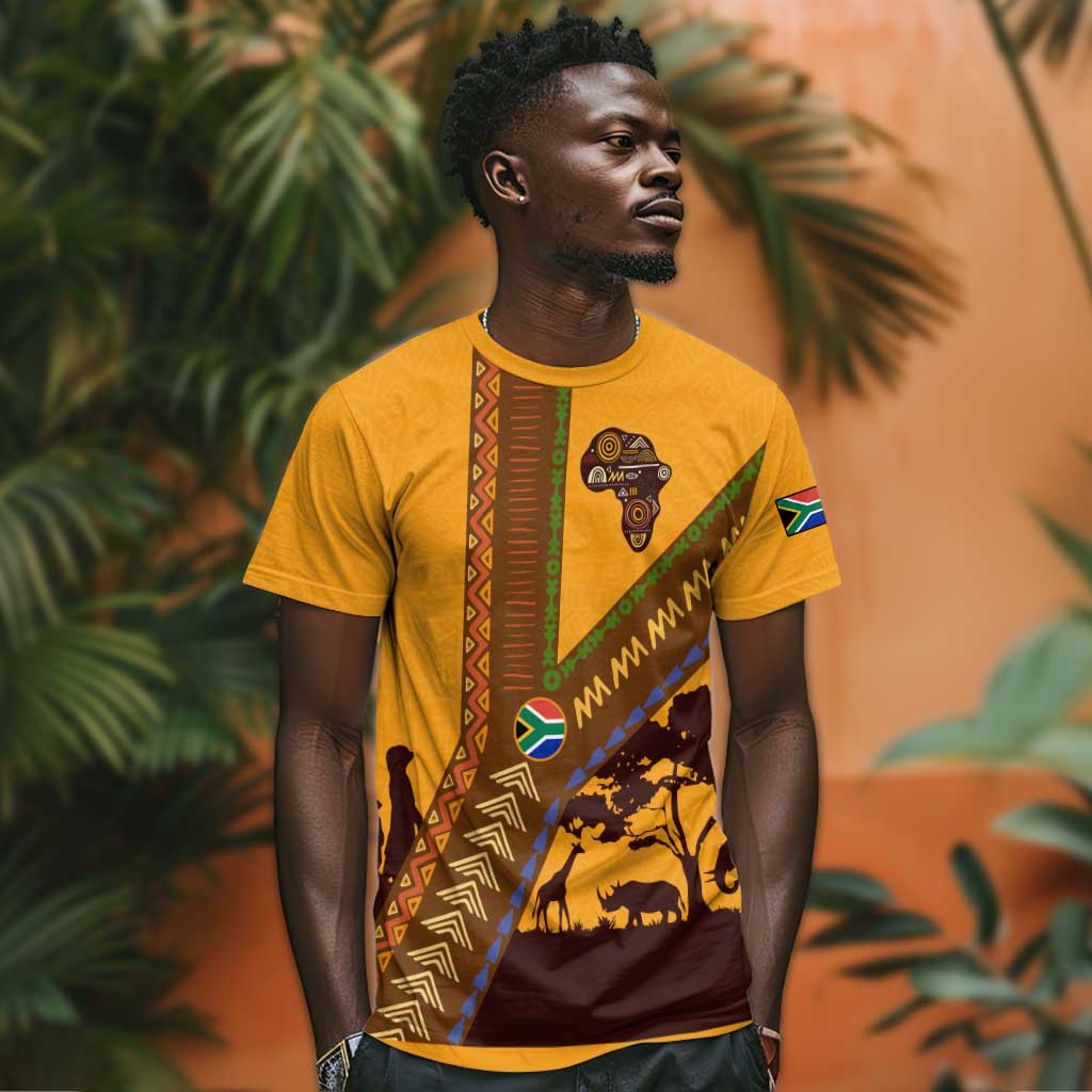 South Africa Flag T shirt Tribal Africa Heritage - Wildlife Silhouettes in Earthy TS04