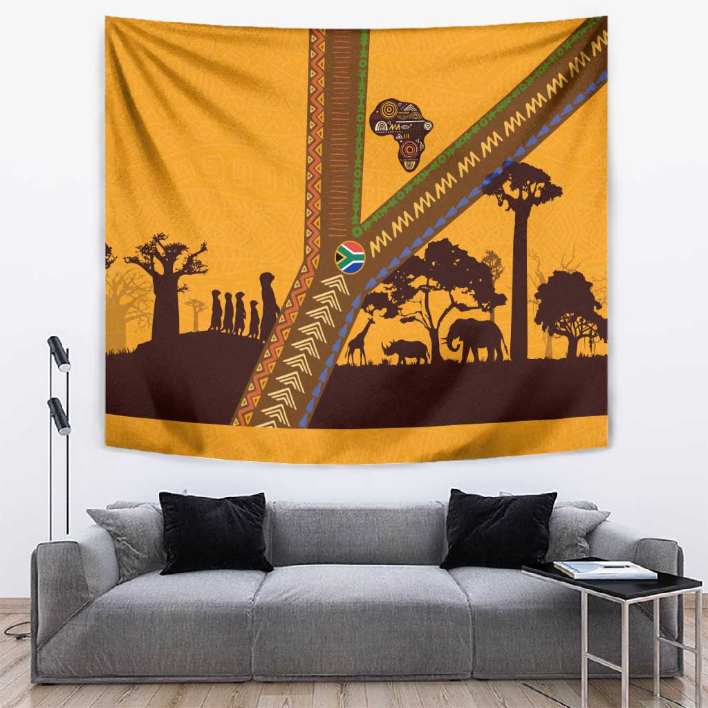 South Africa Flag Tapestry Tribal Africa Heritage - Wildlife Silhouettes in Earthy TS04