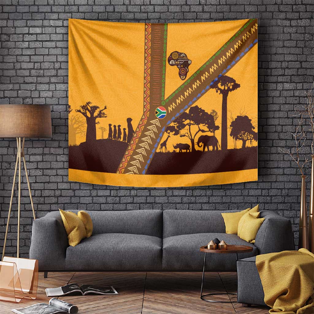 South Africa Flag Tapestry Tribal Africa Heritage - Wildlife Silhouettes in Earthy TS04