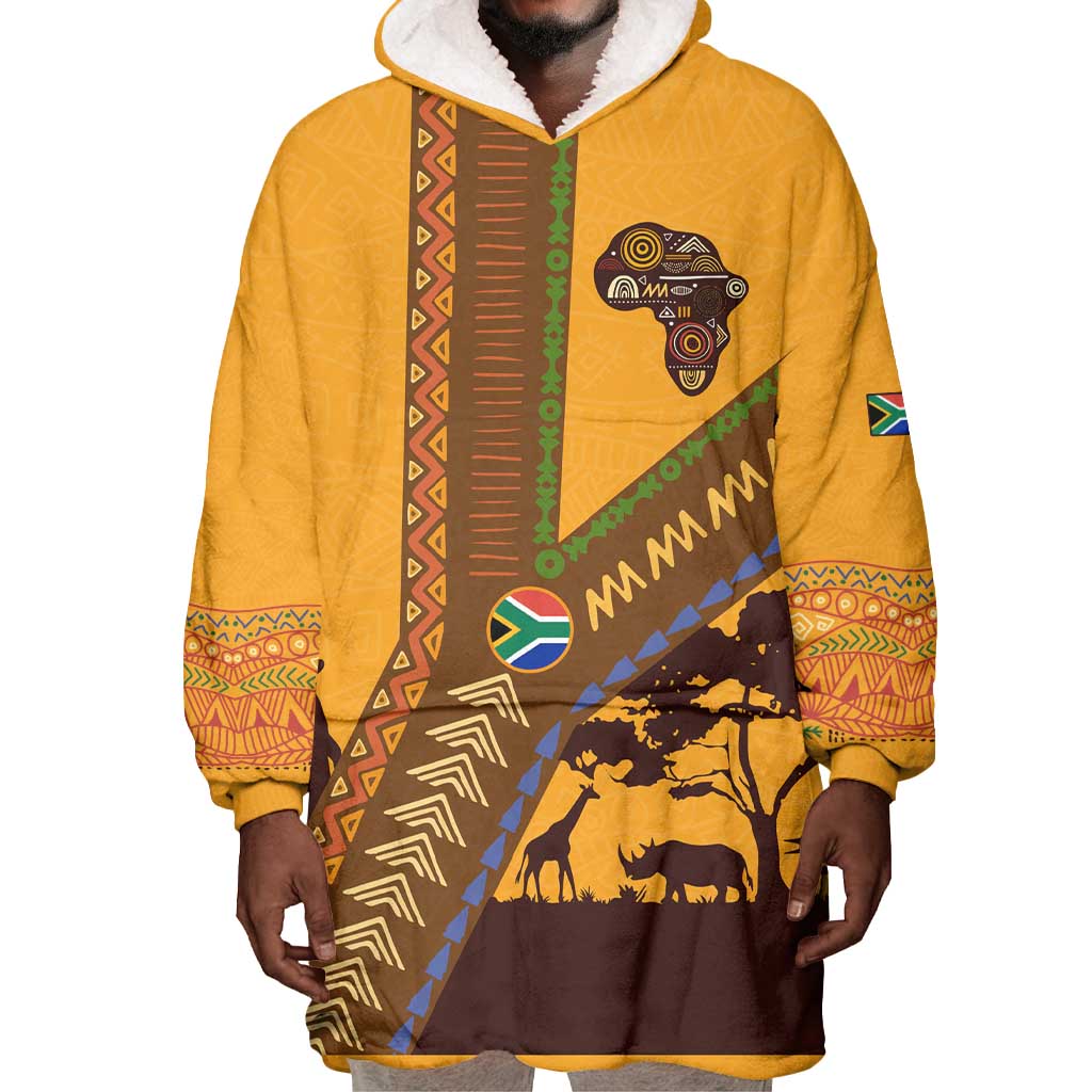 South Africa Flag Wearable Blanket Hoodie Tribal Africa Heritage - Wildlife Silhouettes in Earthy TS04