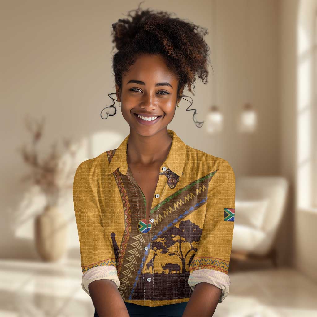 South Africa Flag Women Casual Shirt Tribal Africa Heritage - Wildlife Silhouettes in Earthy TS04