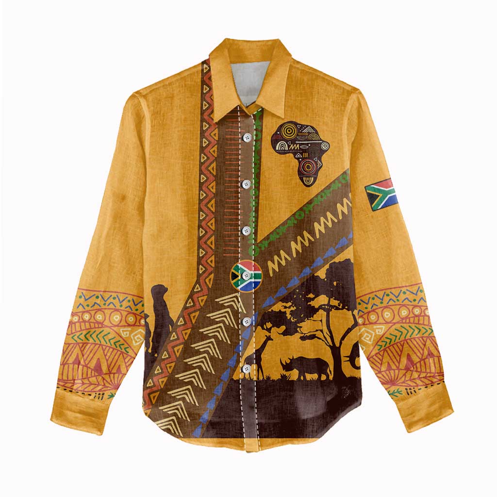 South Africa Flag Women Casual Shirt Tribal Africa Heritage - Wildlife Silhouettes in Earthy TS04