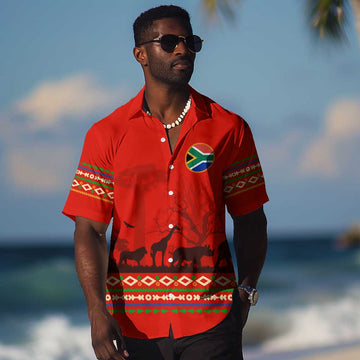 Wildlife South Africa Hawaiian Shirt Tribal Pattern National Flag Safari Silhouettes TS04