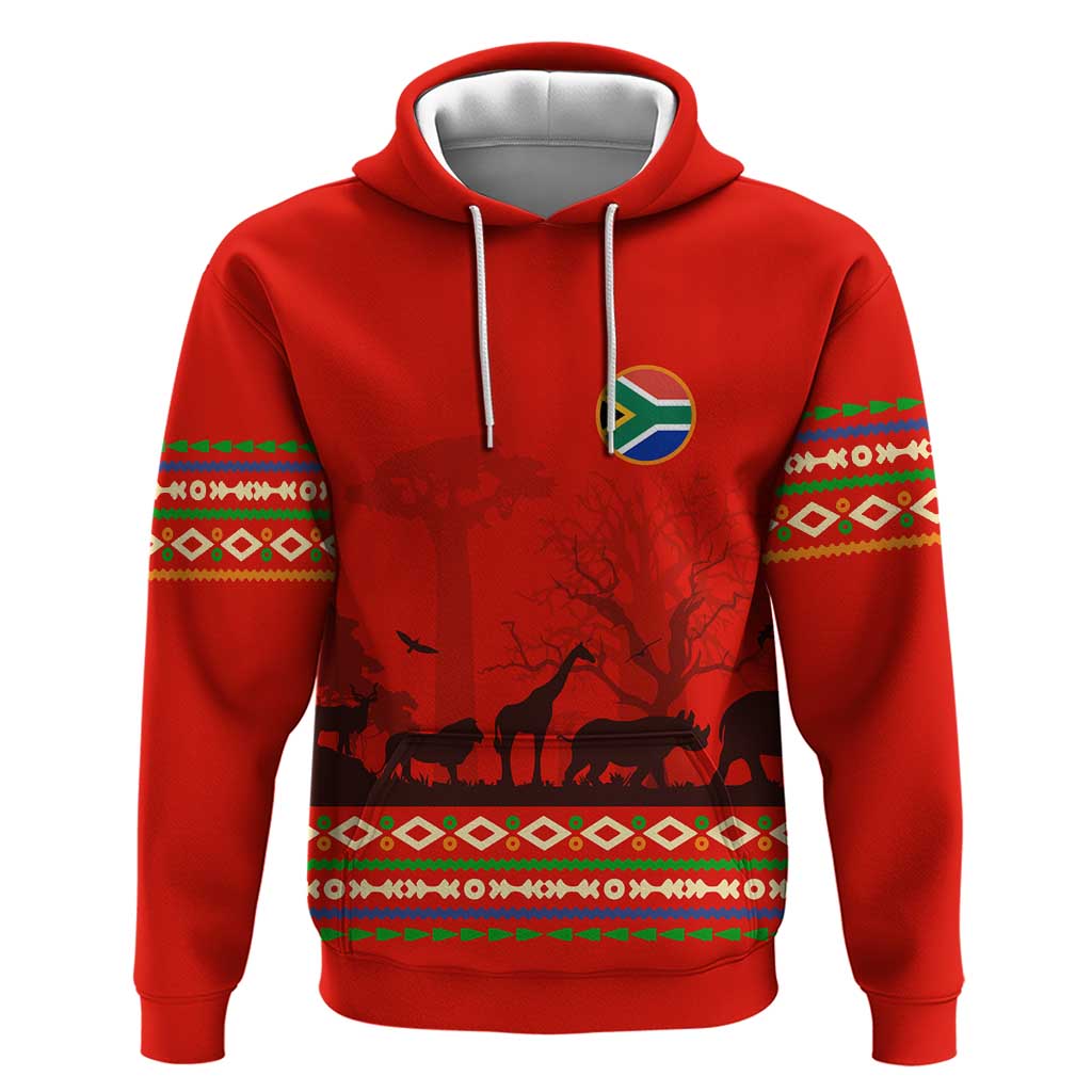 South Africa Wildlife Hoodie Tribal Pattern with National Flag and Safari Silhouettes TS04
