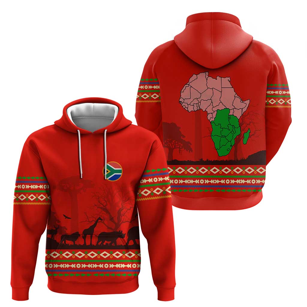 South Africa Wildlife Hoodie Tribal Pattern with National Flag and Safari Silhouettes TS04