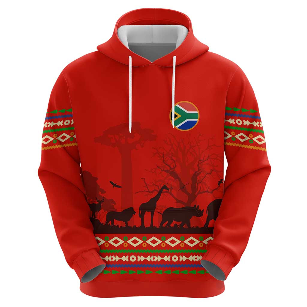 South Africa Wildlife Hoodie Tribal Pattern with National Flag and Safari Silhouettes TS04