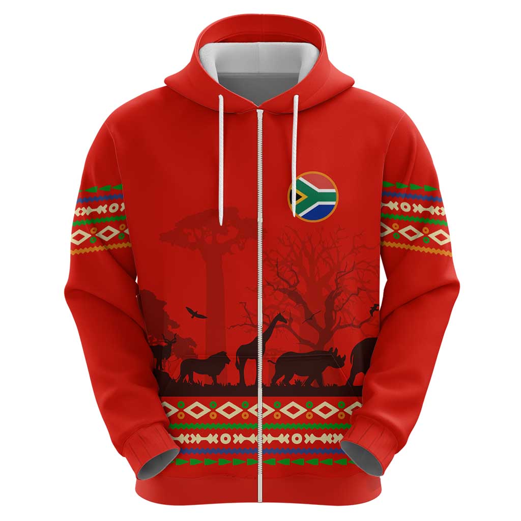 South Africa Wildlife Hoodie Tribal Pattern with National Flag and Safari Silhouettes TS04