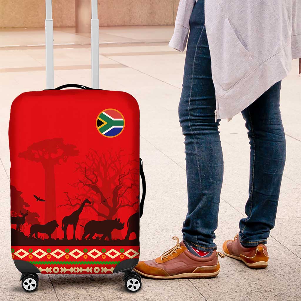 South Africa Wildlife Luggage Cover Tribal Pattern with National Flag and Safari Silhouettes TS04