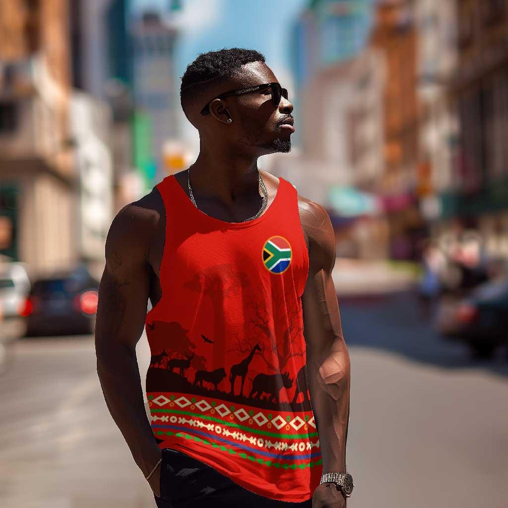 Wildlife South Africa Men Tank Top Tribal Pattern National Flag Safari Silhouettes TS04