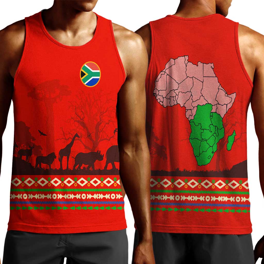 Wildlife South Africa Men Tank Top Tribal Pattern National Flag Safari Silhouettes TS04