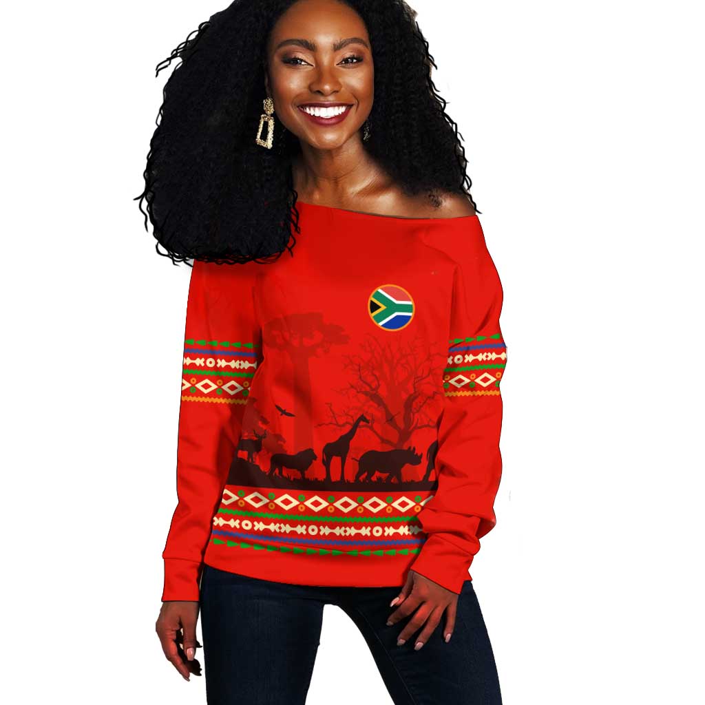 Wildlife South Africa Off Shoulder Sweater Tribal Pattern National Flag Safari Silhouettes TS04