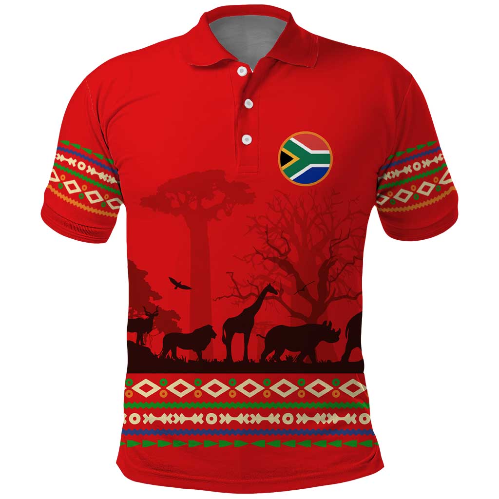 South Africa Wildlife Polo Shirt Tribal Pattern with National Flag and Safari Silhouettes TS04