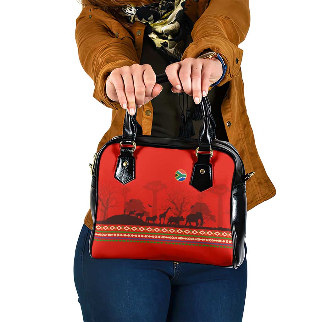 South Africa Wildlife Shoulder Handbag Tribal Pattern with National Flag and Safari Silhouettes TS04