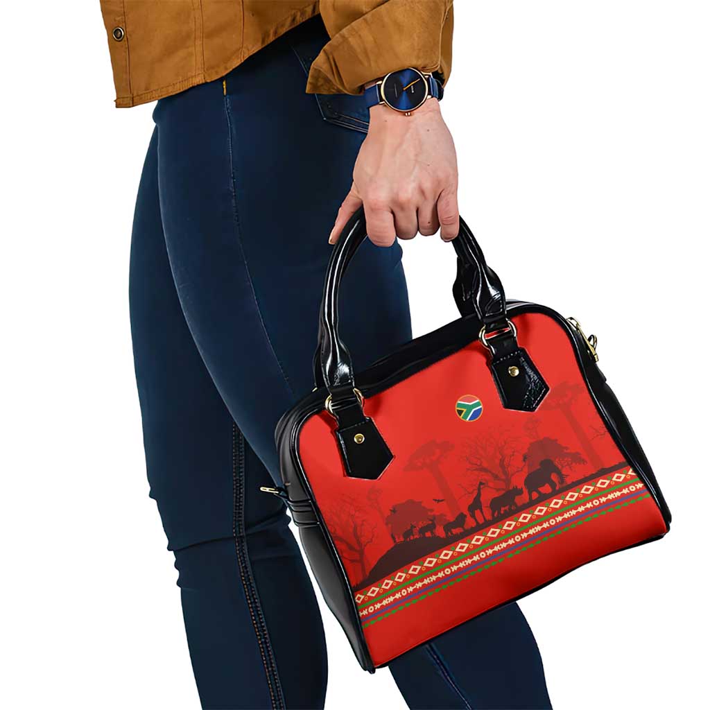 South Africa Wildlife Shoulder Handbag Tribal Pattern with National Flag and Safari Silhouettes TS04
