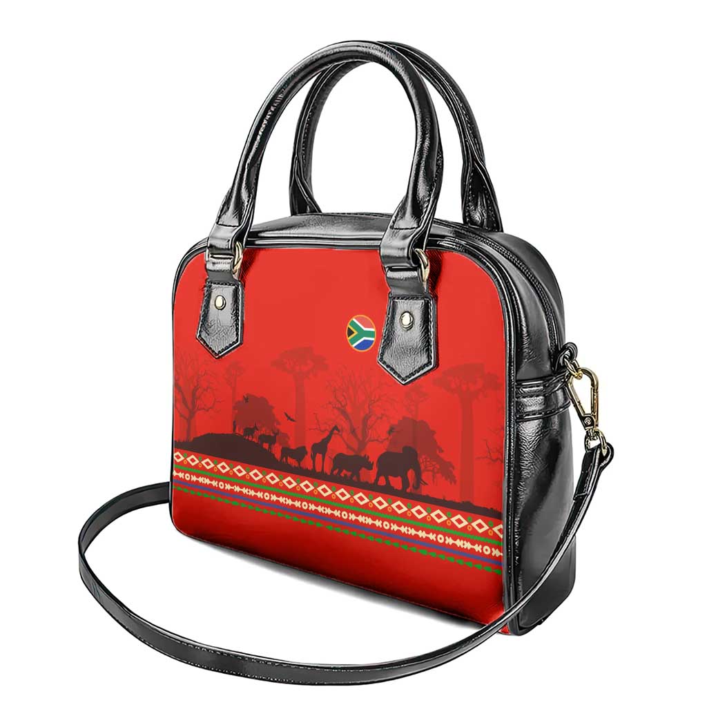 South Africa Wildlife Shoulder Handbag Tribal Pattern with National Flag and Safari Silhouettes TS04