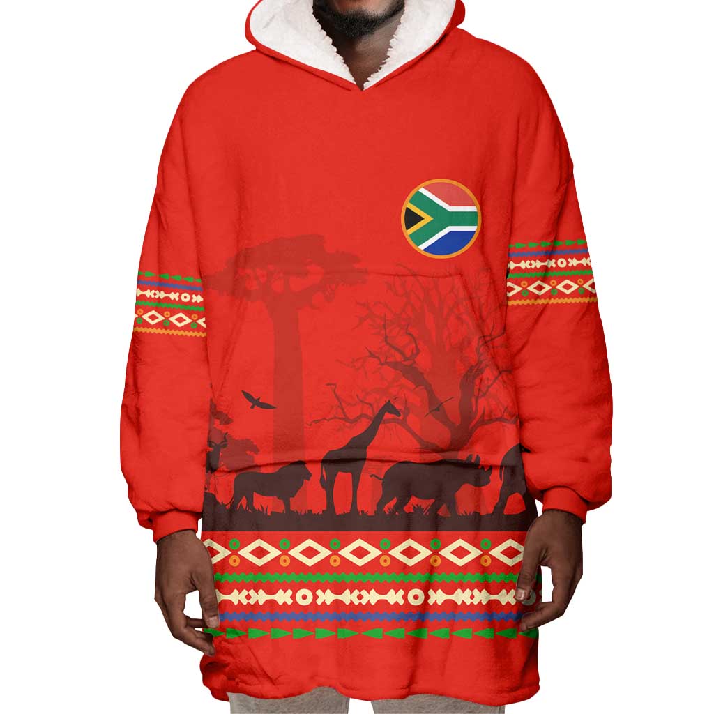 Wildlife South Africa Wearable Blanket Hoodie Tribal Pattern National Flag Safari Silhouettes TS04