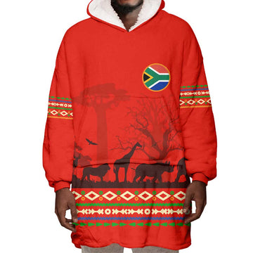 Wildlife South Africa Wearable Blanket Hoodie Tribal Pattern National Flag Safari Silhouettes TS04