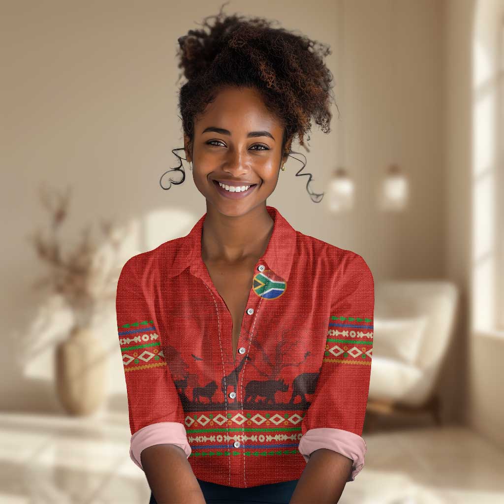 Wildlife South Africa Women Casual Shirt Tribal Pattern National Flag Safari Silhouettes TS04