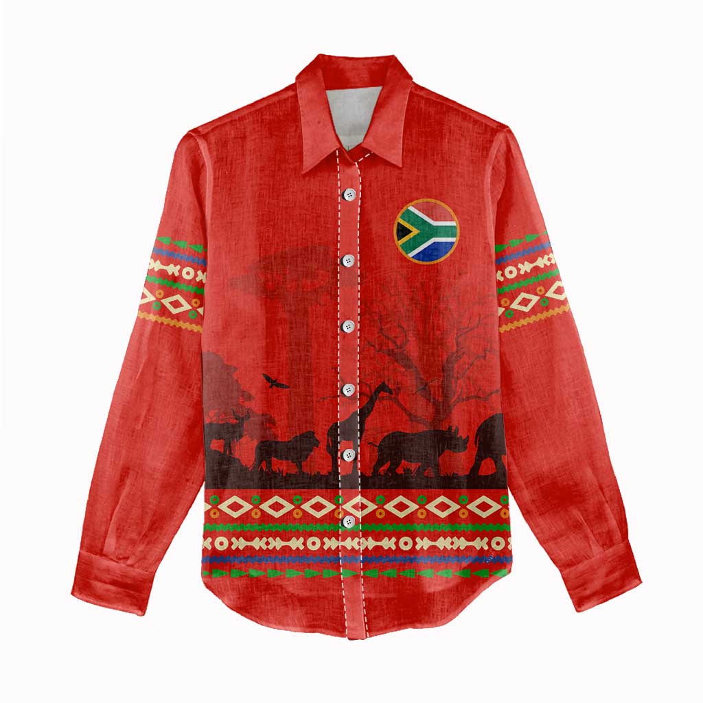 Wildlife South Africa Women Casual Shirt Tribal Pattern National Flag Safari Silhouettes TS04