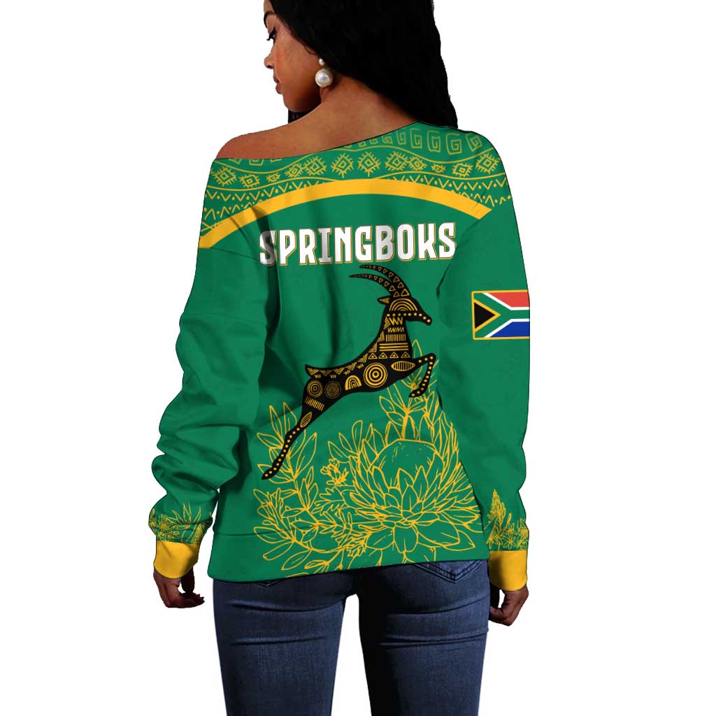 South Africa Springboks Off Shoulder Sweater with Tribal Antelope Design and Floral Accents TS04