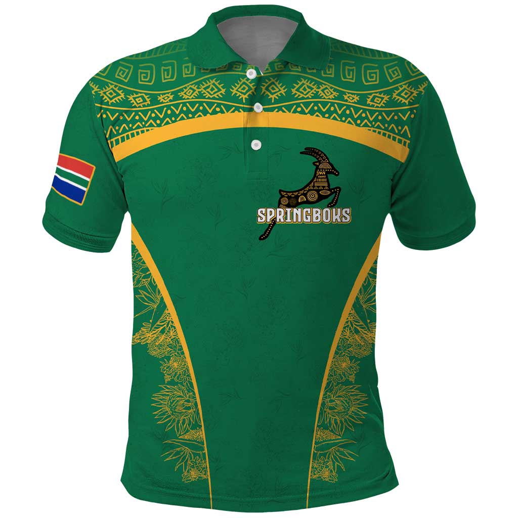South Africa Springboks Polo Shirt with Tribal Antelope Design and Floral Accents TS04