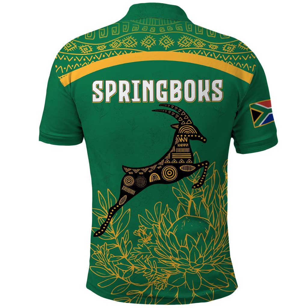 South Africa Springboks Polo Shirt with Tribal Antelope Design and Floral Accents TS04