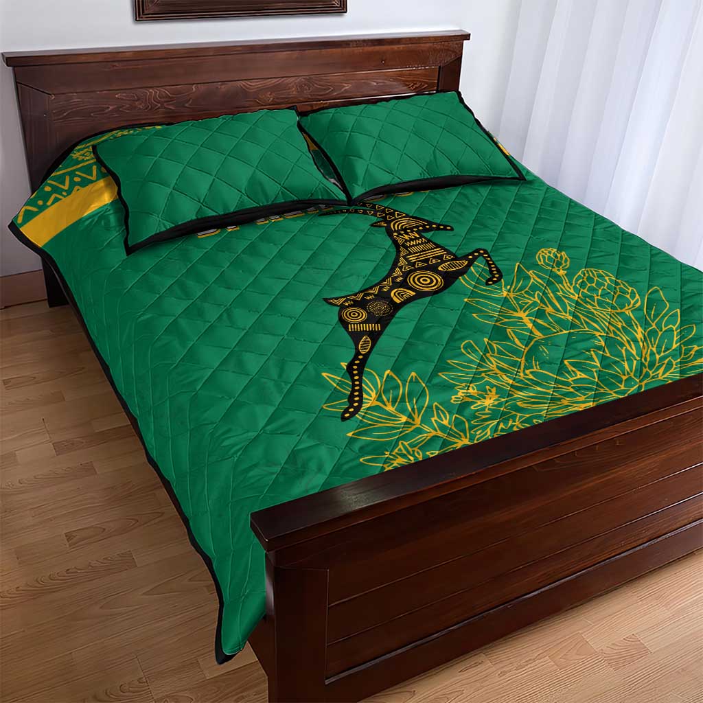 South Africa Springboks Quilt Bed Set with Tribal Antelope Design and Floral Accents TS04