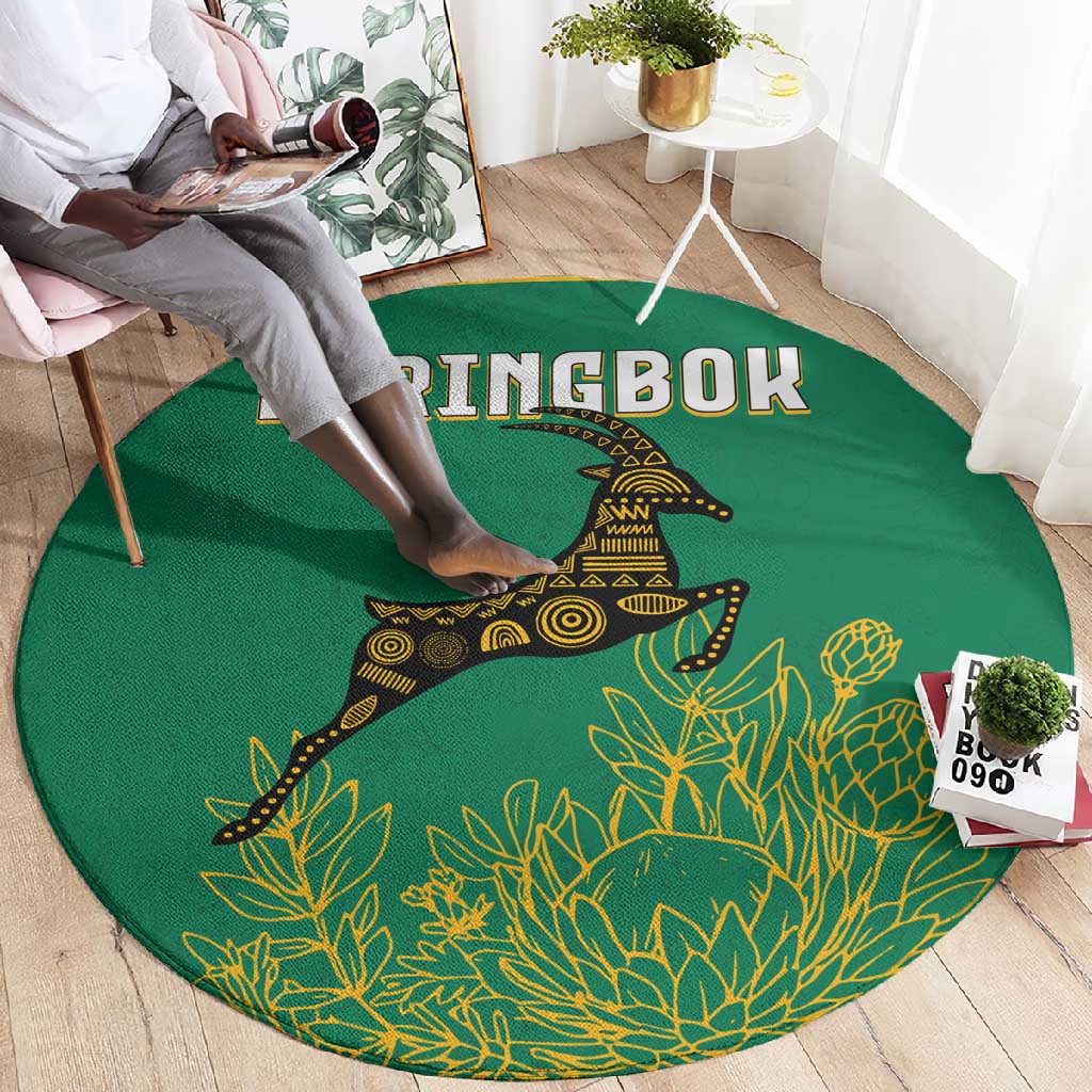 South Africa Springboks Round Carpet with Tribal Antelope Design and Floral Accents TS04