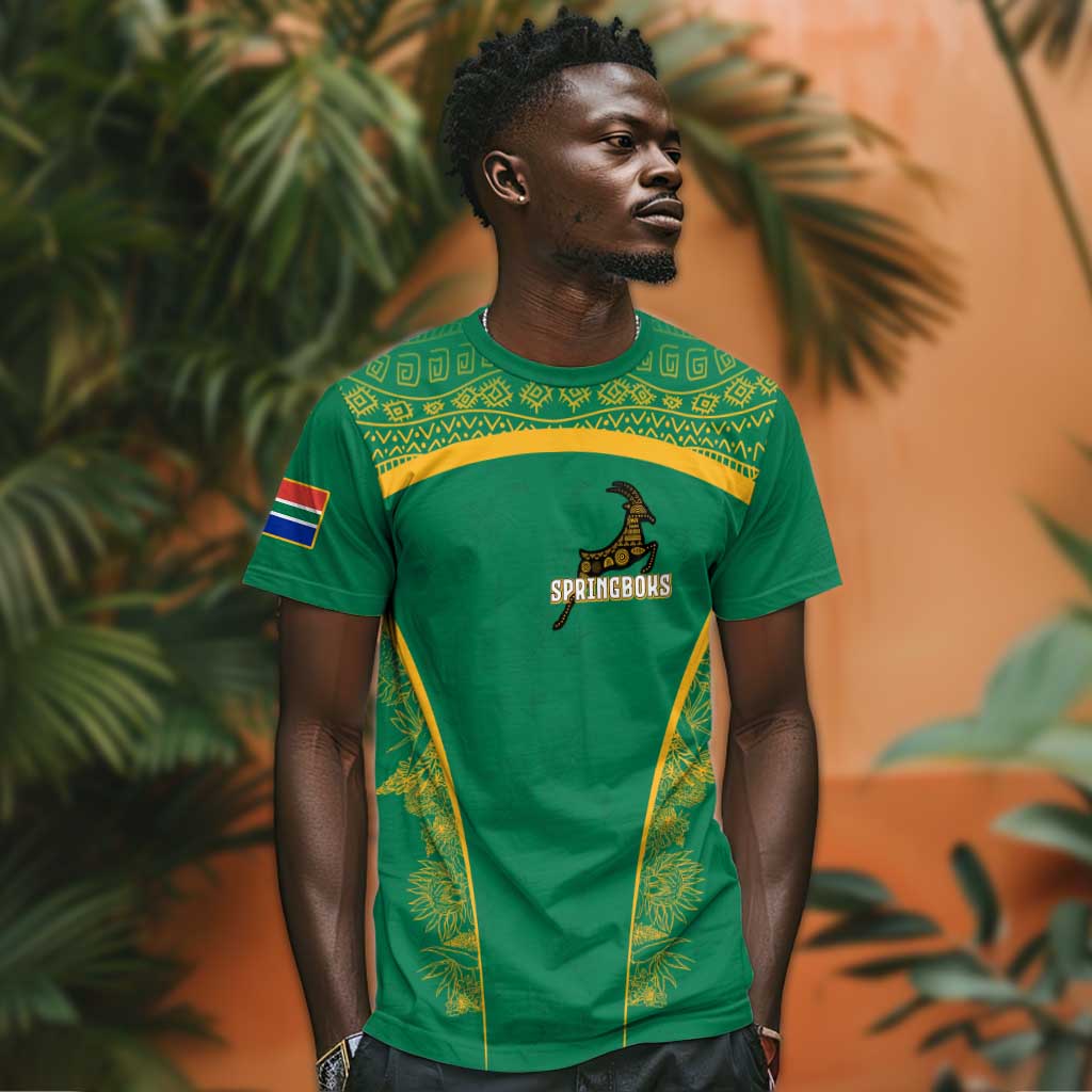 South Africa Springboks T shirt with Tribal Antelope Design and Floral Accents TS04