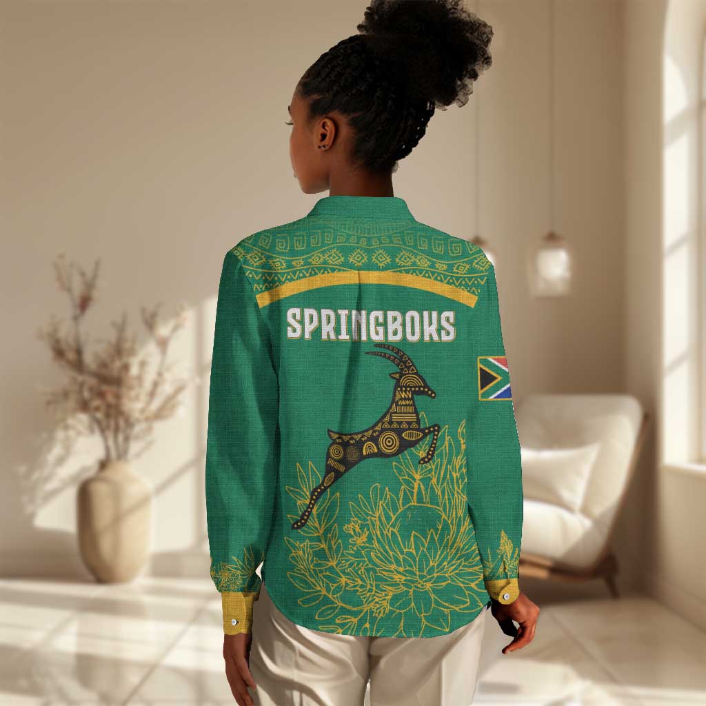 South Africa Springboks Women Casual Shirt with Tribal Antelope Design and Floral Accents TS04