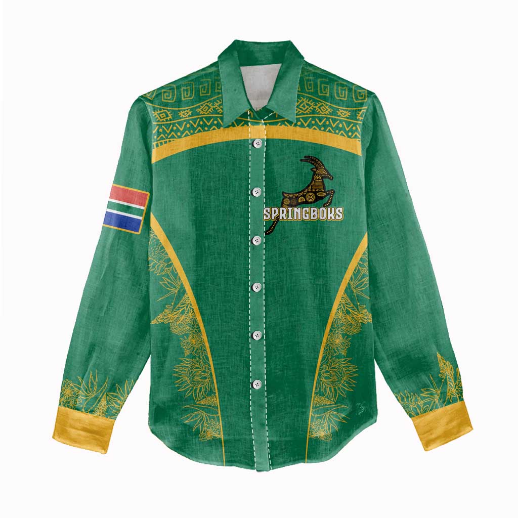 South Africa Springboks Women Casual Shirt with Tribal Antelope Design and Floral Accents TS04