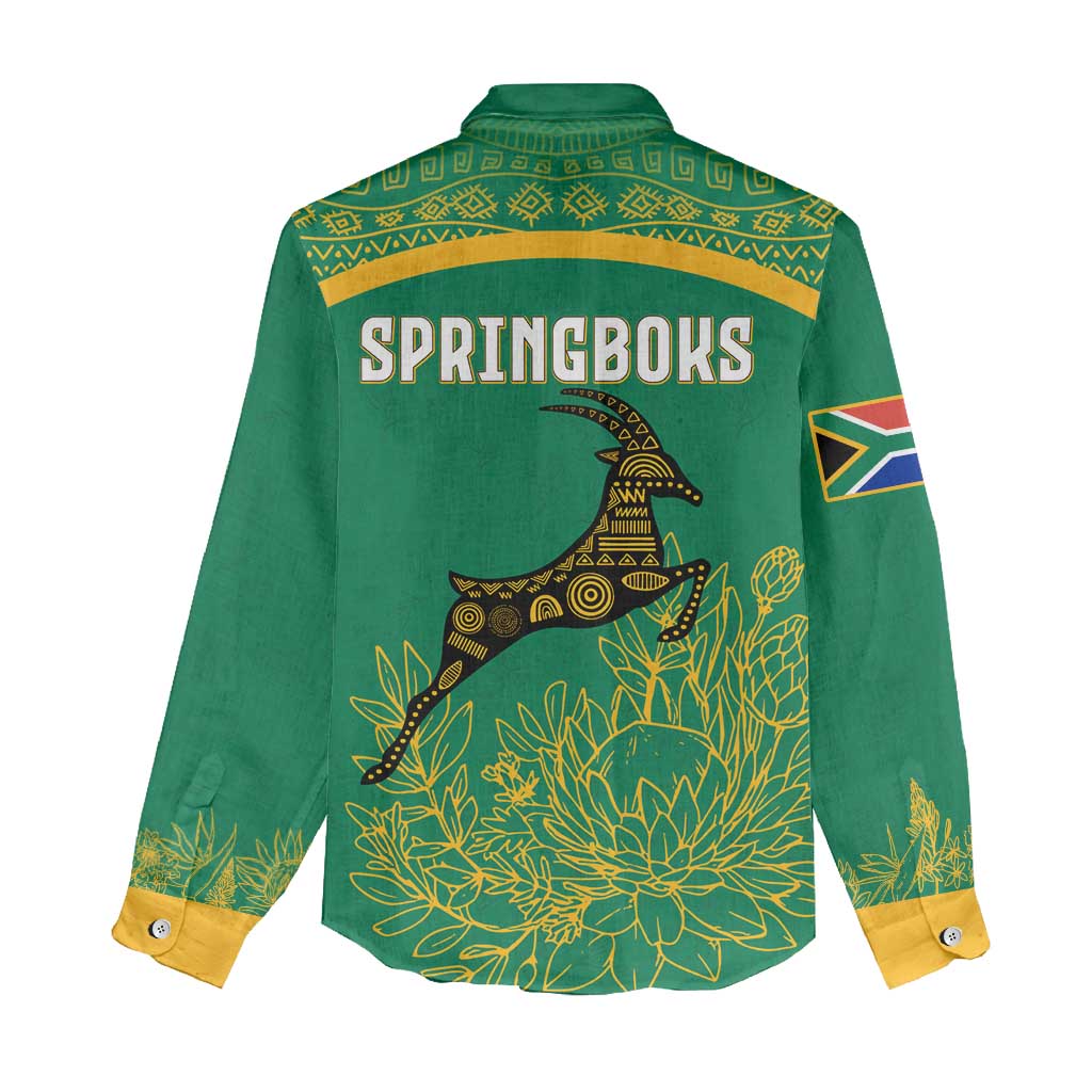 South Africa Springboks Women Casual Shirt with Tribal Antelope Design and Floral Accents TS04