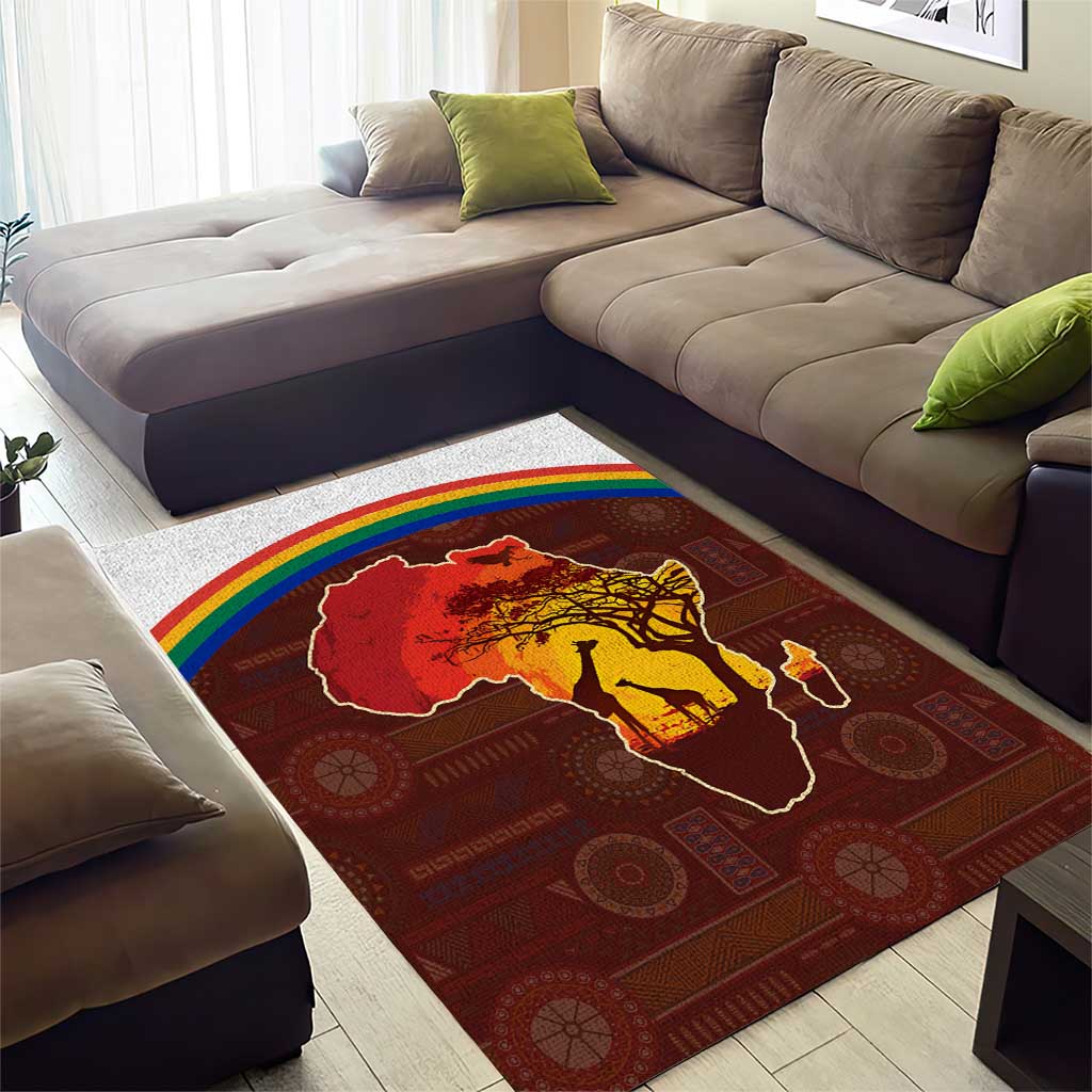 African Sunset Area Rug Tribal Pattern Continent Silhouette - Rainbow Arc Safari Scene TS04