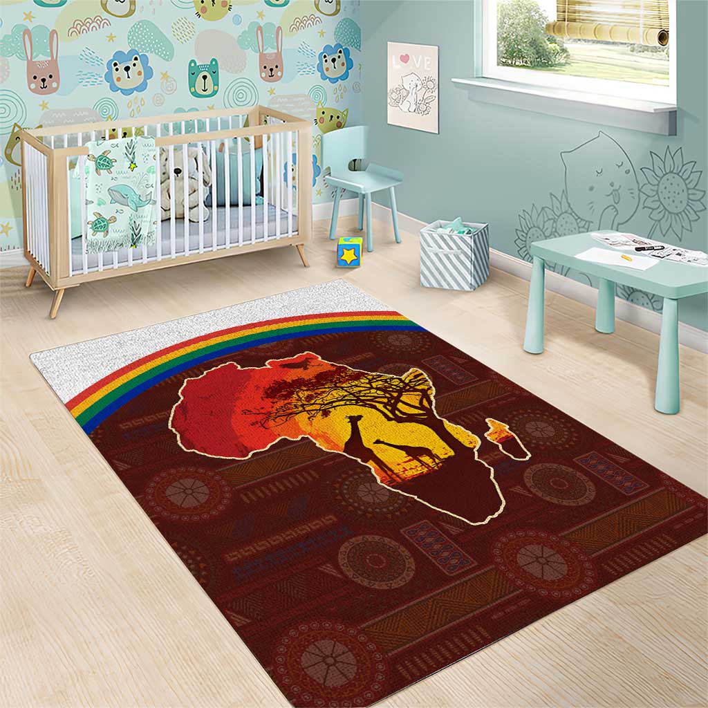 African Sunset Area Rug Tribal Pattern Continent Silhouette - Rainbow Arc Safari Scene TS04