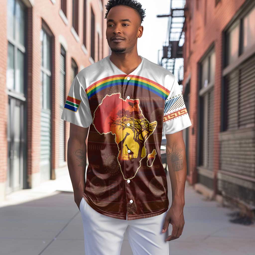 African Sunset Baseball Jersey Tribal Pattern Continent Silhouette - Rainbow Arc Safari Scene TS04