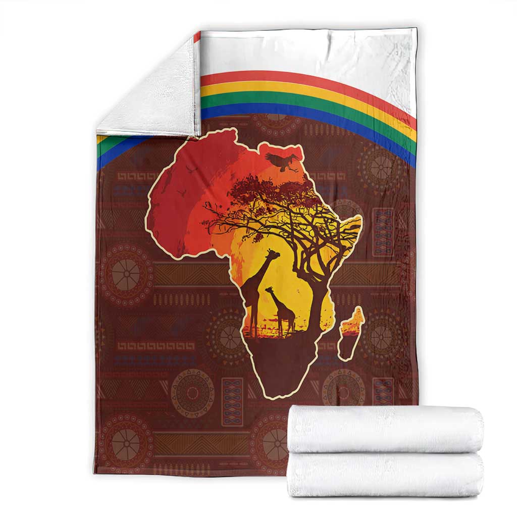 African Sunset Blanket Tribal Pattern Continent Silhouette - Rainbow Arc Safari Scene TS04